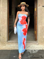 Stylish Flower Strapless Midi Split Backless Dress