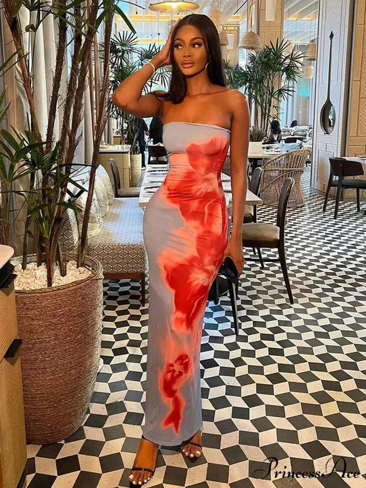 Stylish Flower Strapless Midi Split Backless Dress