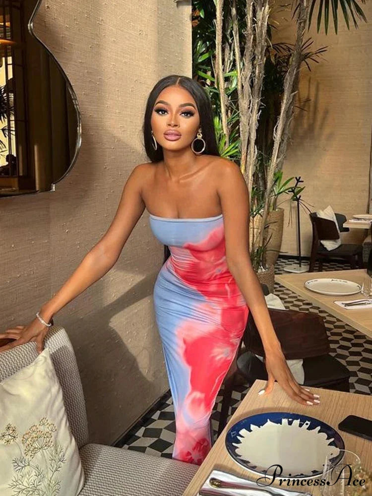 Stylish Flower Strapless Midi Split Backless Dress