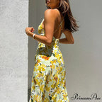 Stylish Golden Blooms Pattern Twirl Tie Cutout Midi Floral Dress