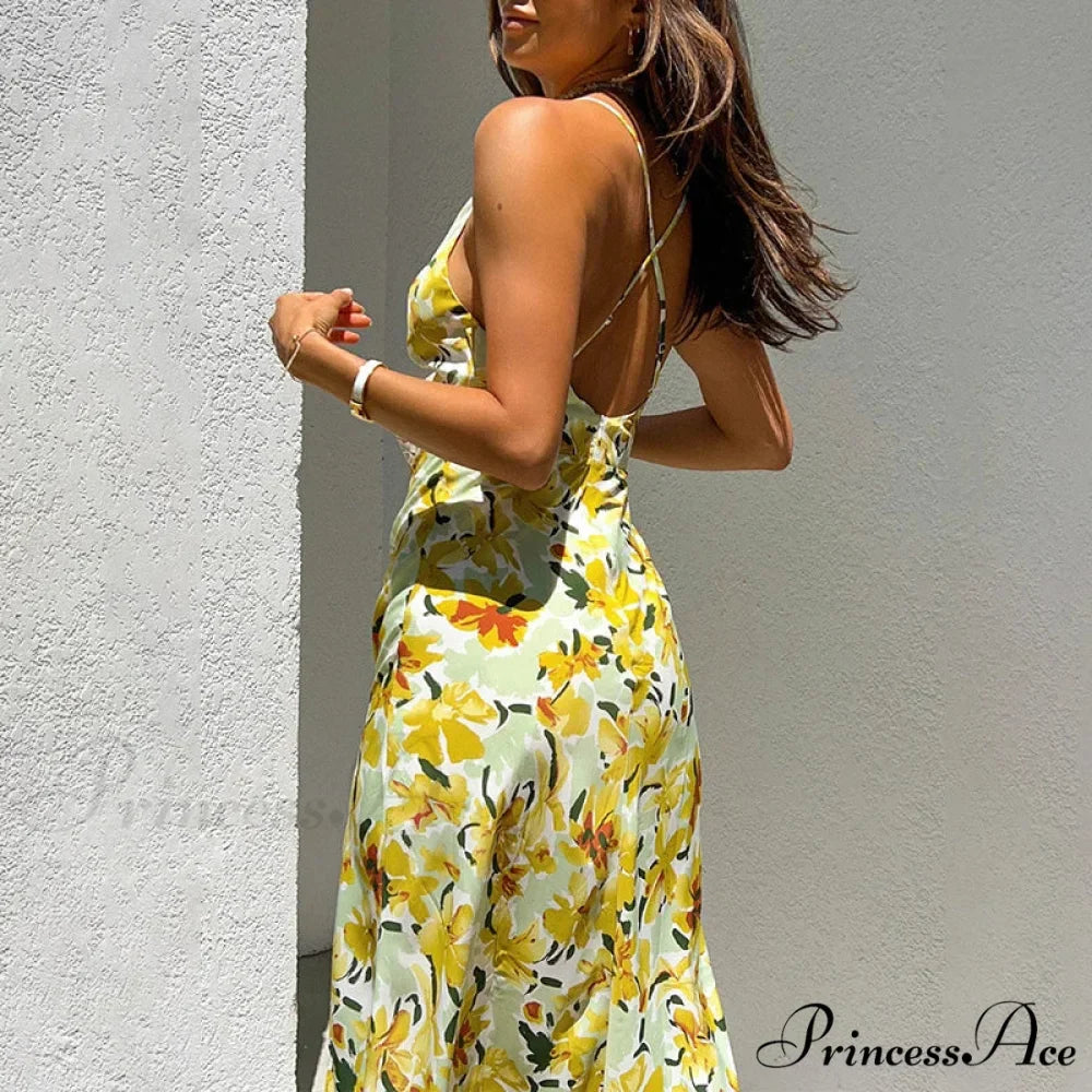 Stylish Golden Blooms Pattern Twirl Tie Cutout Midi Floral Dress