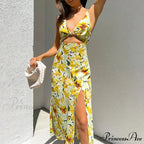 Stylish Golden Blooms Pattern Twirl Tie Cutout Midi Floral Dress