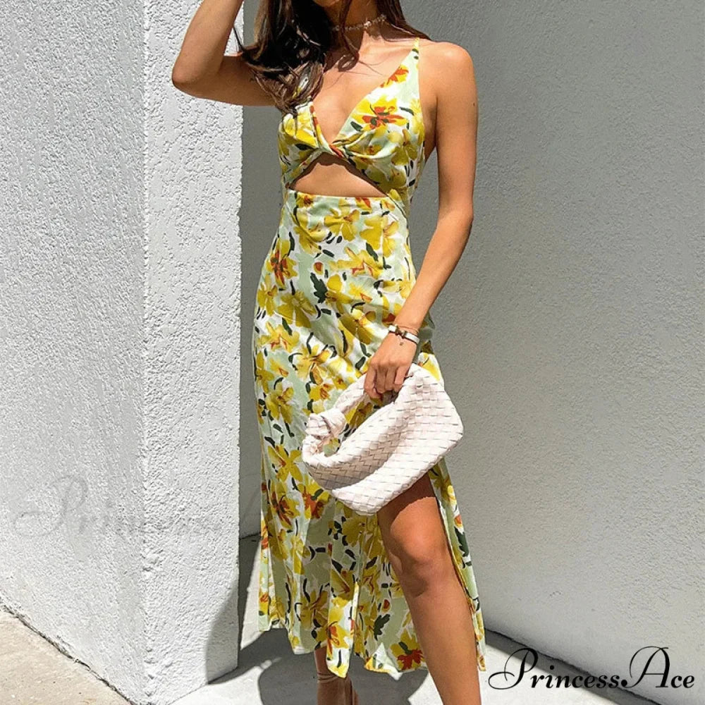 Stylish Golden Blooms Pattern Twirl Tie Cutout Midi Floral Dress
