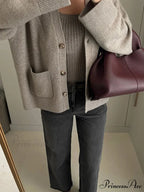 Stylish Grey Single Buttoned V-neck Cardigan