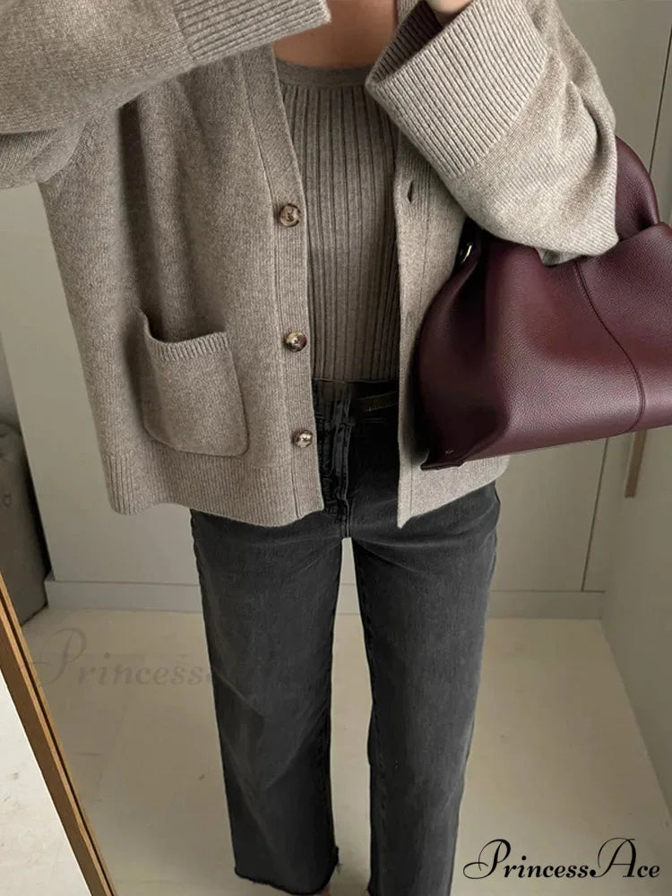 Stylish Grey Single Buttoned V-neck Cardigan