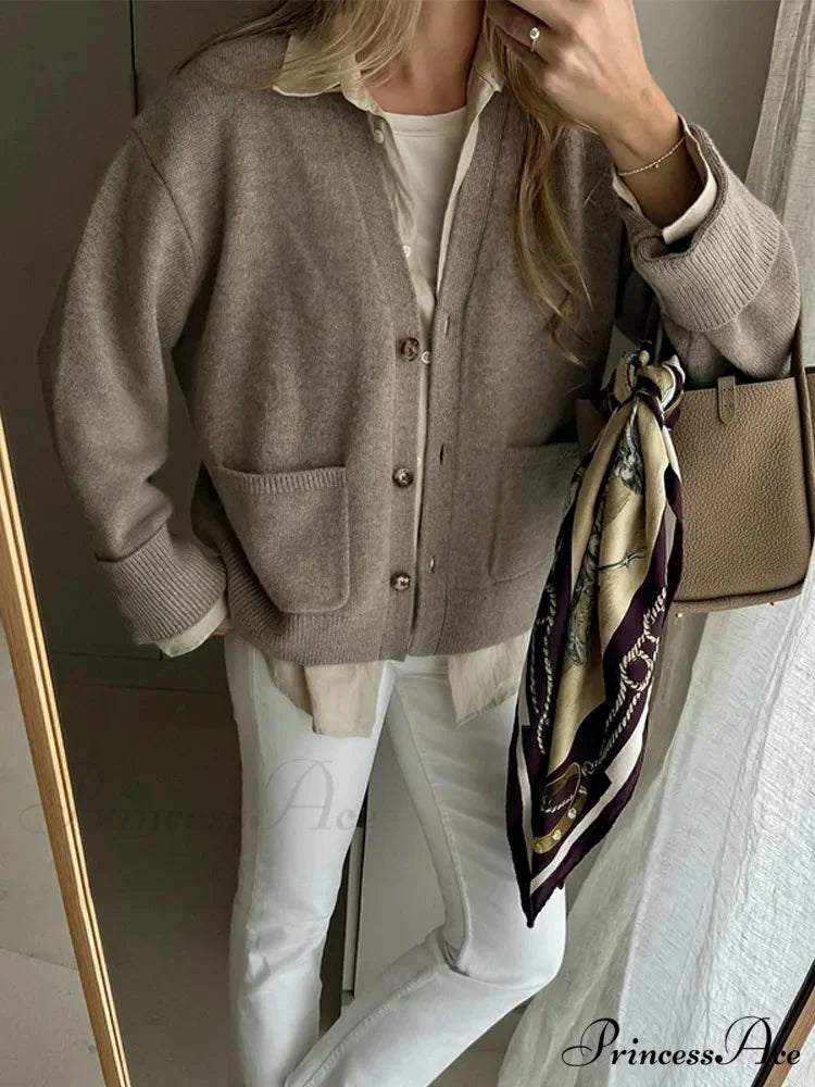 Stylish Grey Single Buttoned V-neck Cardigan