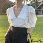 Stylish Hollow Lace Puff Sleeve Peter Pan Collar Blouse