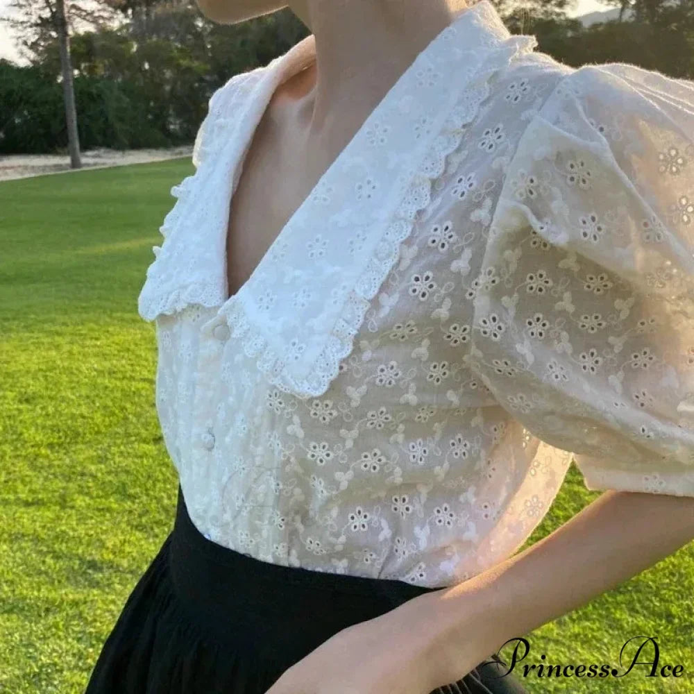 Stylish Hollow Lace Puff Sleeve Peter Pan Collar Blouse