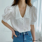 Stylish Hollow Lace Puff Sleeve Peter Pan Collar Blouse