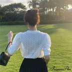 Stylish Hollow Lace Puff Sleeve Peter Pan Collar Blouse