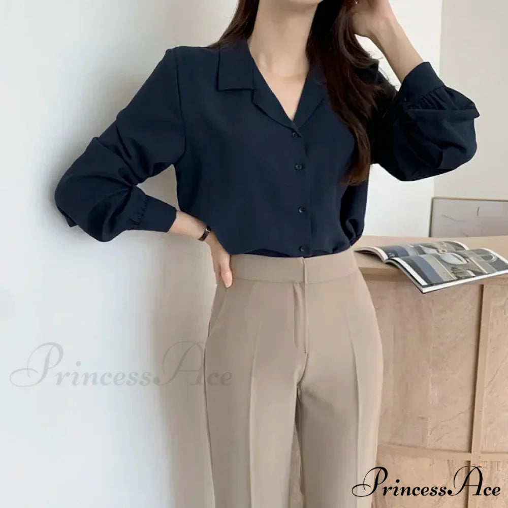 Stylish Lantern Sleeve Suit Collar Baggy Office Blouse