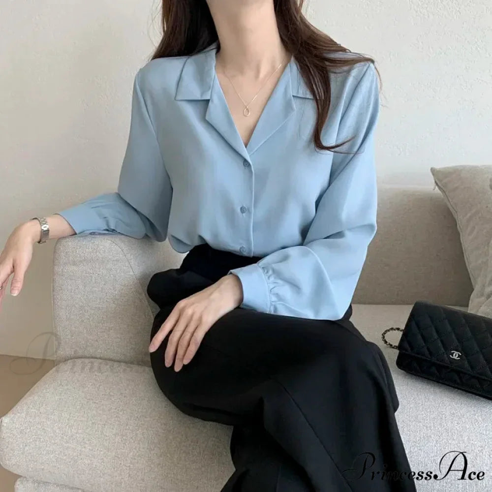 Stylish Lantern Sleeve Suit Collar Baggy Office Blouse