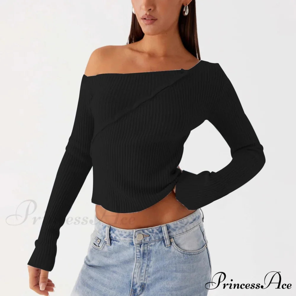 Stylish Off Shoulder Ribbed Solid Crop Fitted Knit Top