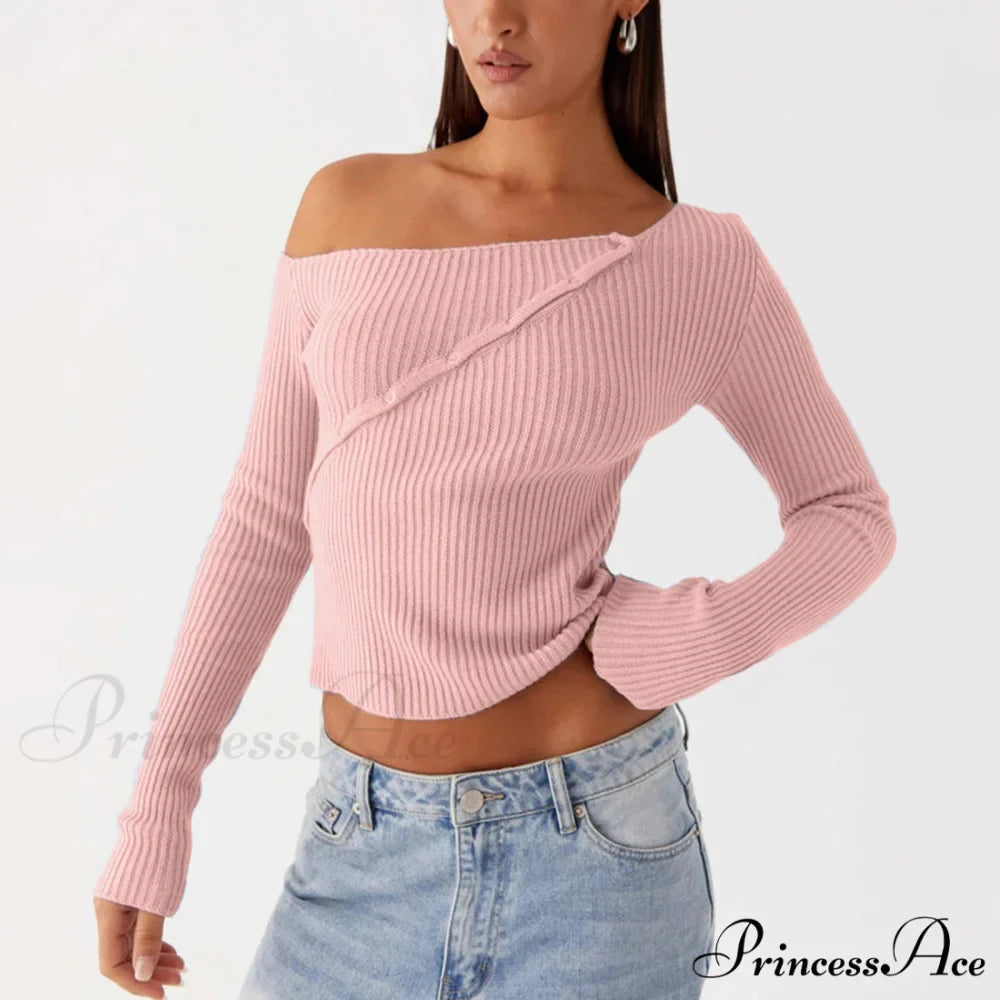 Stylish Off Shoulder Ribbed Solid Crop Fitted Knit Top