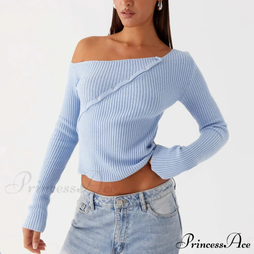 Stylish Off Shoulder Ribbed Solid Crop Fitted Knit Top