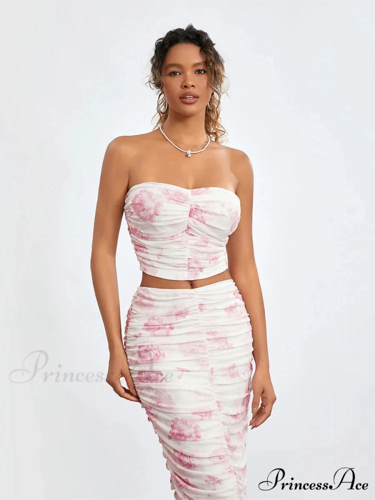 Stylish Off-Shoulder Tube Top Wrap Long Floral Skirt Set