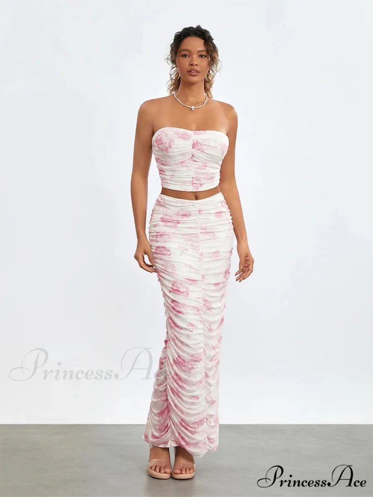 Stylish Off-Shoulder Tube Top Wrap Long Floral Skirt Set