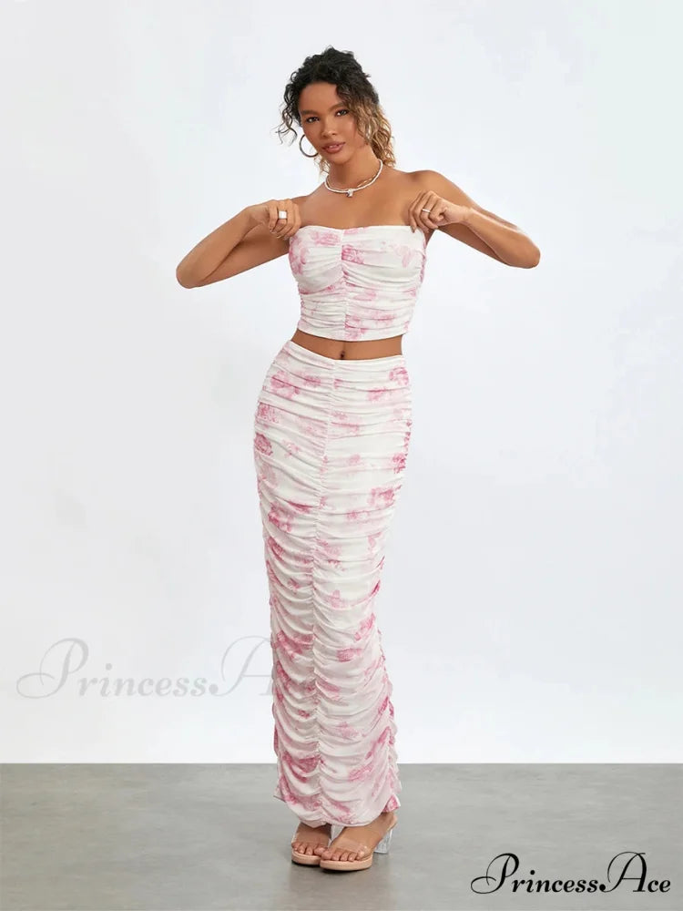 Stylish Off-Shoulder Tube Top Wrap Long Floral Skirt Set
