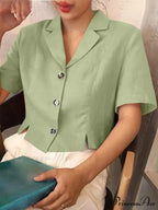 Stylish Office Lapel Button Short Sleeve Blouse