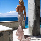 Stylish Open-Backed Lace Sequin Prom Gown