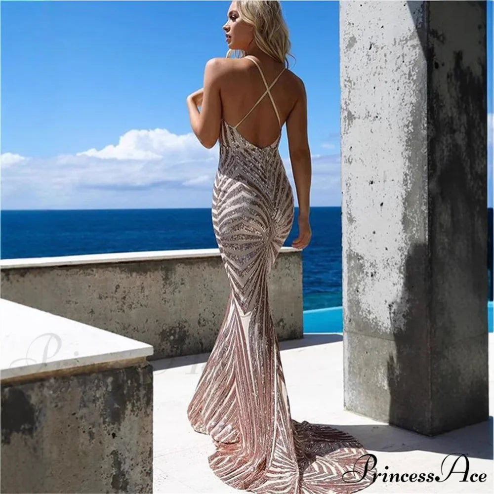 Stylish Open-Backed Lace Sequin Prom Gown