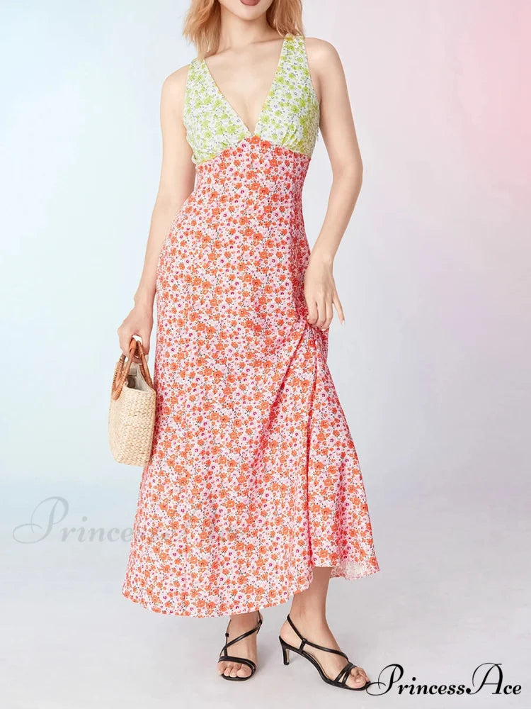 Stylish Patch Shade Floral Flowy Backless V-neck Tank Beach Floral Dress