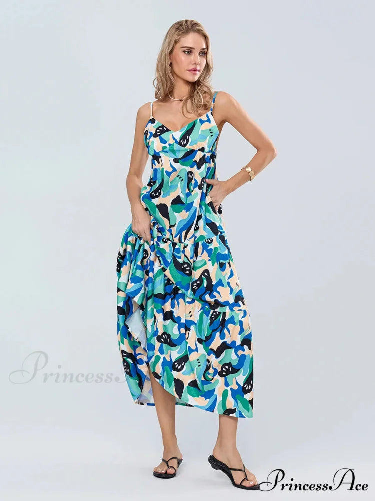 Stylish Pattern Spaghetti Strap Open-Back Sweetheart Flowy Cami Floral Dress