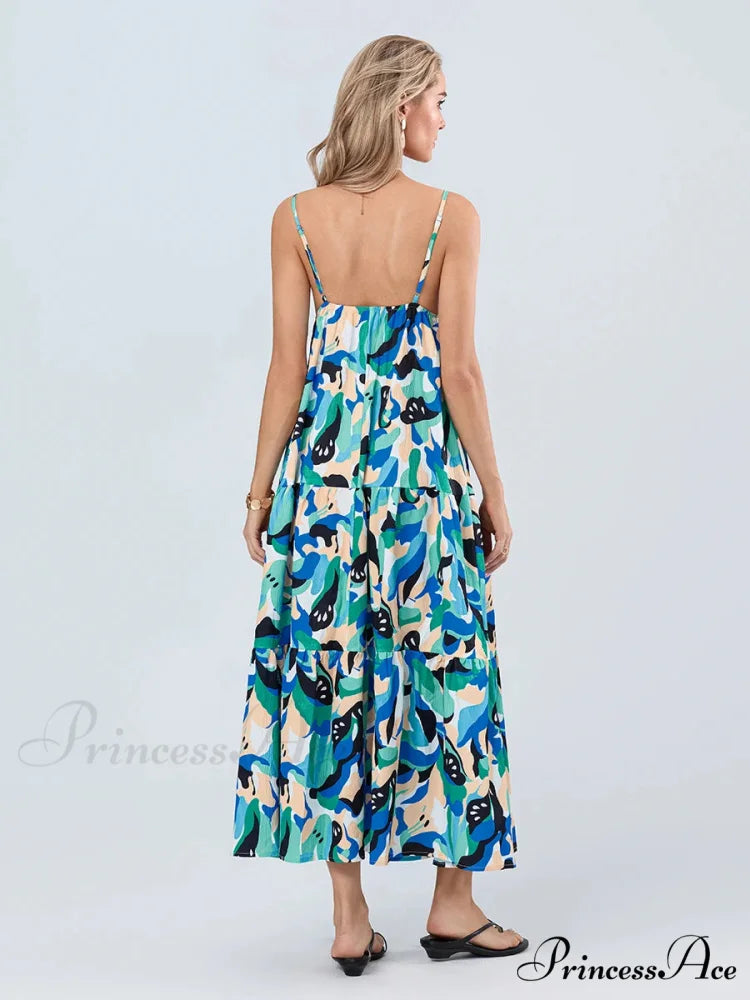 Stylish Pattern Spaghetti Strap Open-Back Sweetheart Flowy Cami Floral Dress