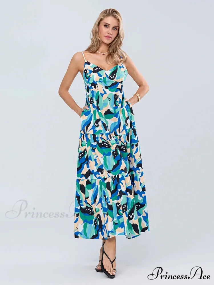 Stylish Pattern Spaghetti Strap Open-Back Sweetheart Flowy Cami Floral Dress