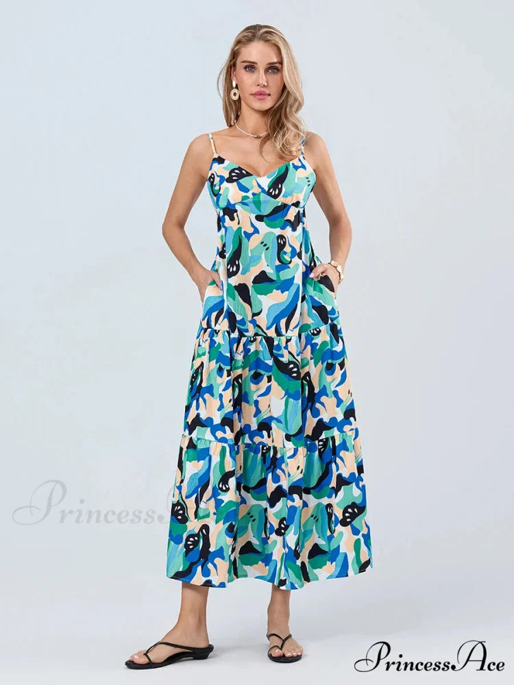 Stylish Pattern Spaghetti Strap Open-Back Sweetheart Flowy Cami Floral Dress