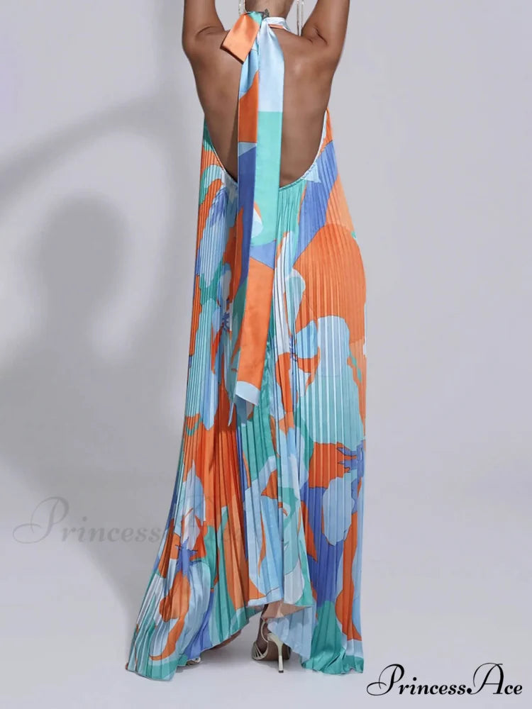 Stylish Pleated Halterneck Charming Strappy Backless Midi Dress