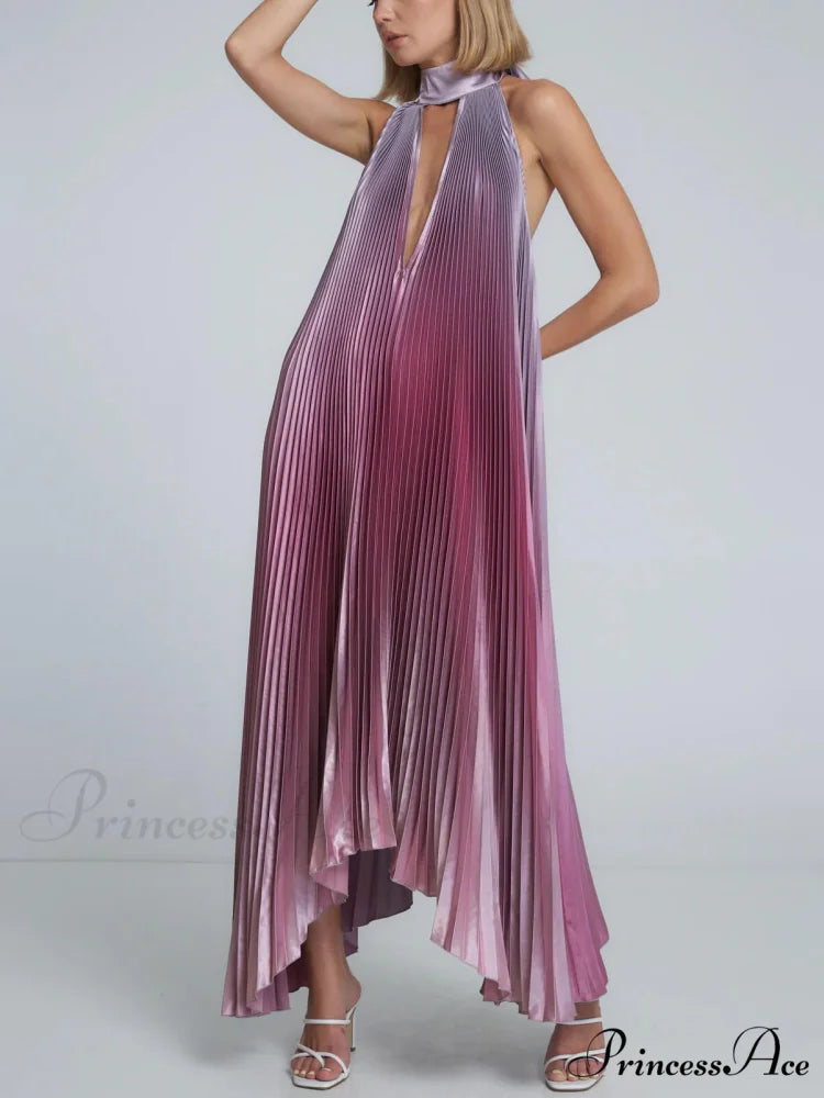 Stylish Pleated Halterneck Charming Strappy Backless Midi Dress