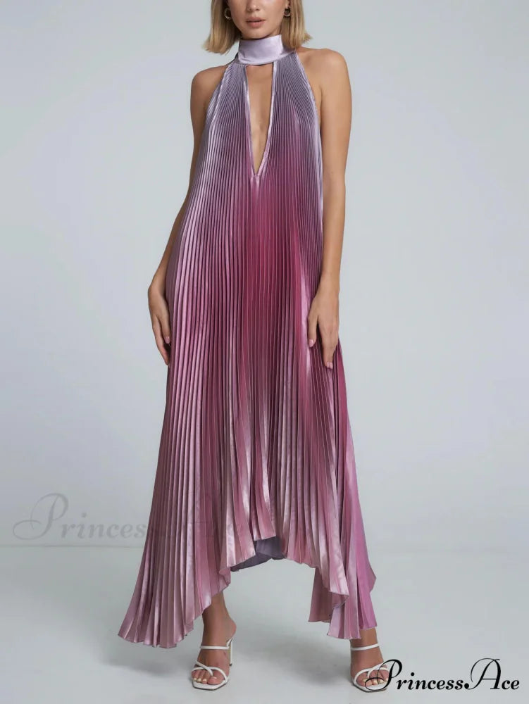 Stylish Pleated Halterneck Charming Strappy Backless Midi Dress