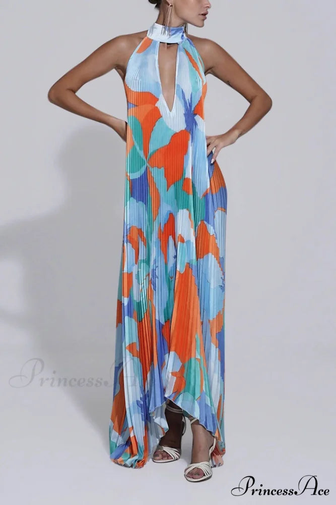 Stylish Pleated Halterneck Charming Strappy Backless Midi Dress