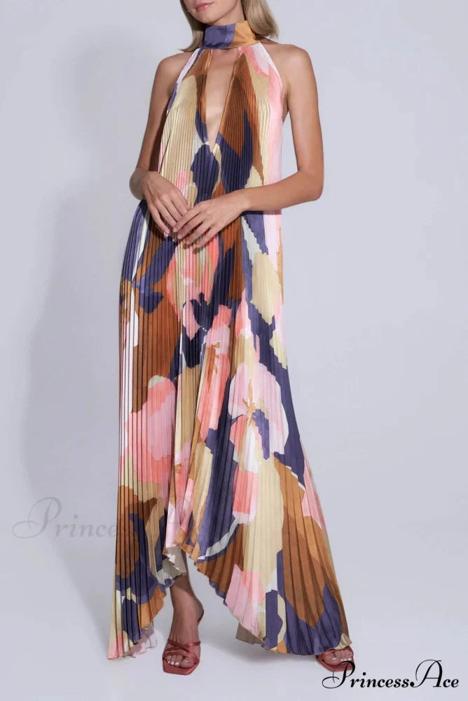 Stylish Pleated Halterneck Charming Strappy Backless Midi Dress