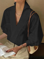 Stylish Plunging Neck Puff Sleeve Ivory Blouse