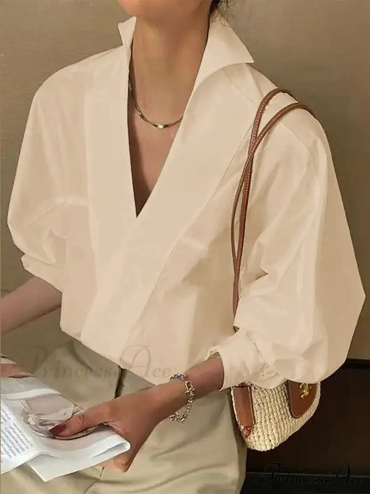 Stylish Plunging Neck Puff Sleeve Ivory Blouse