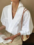 Stylish Plunging Neck Puff Sleeve Ivory Blouse