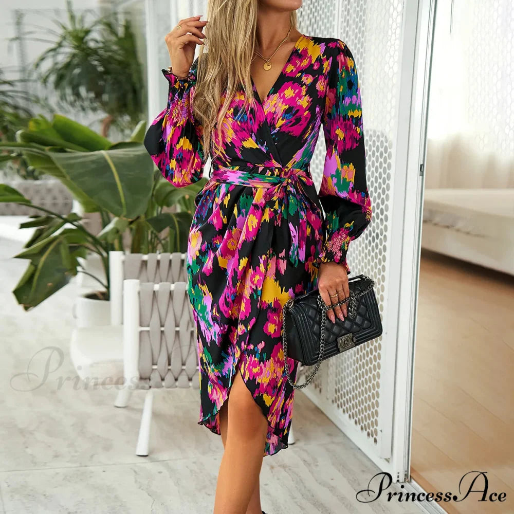 Stylish Plunging Neckline Long Bohemian Printed Dress