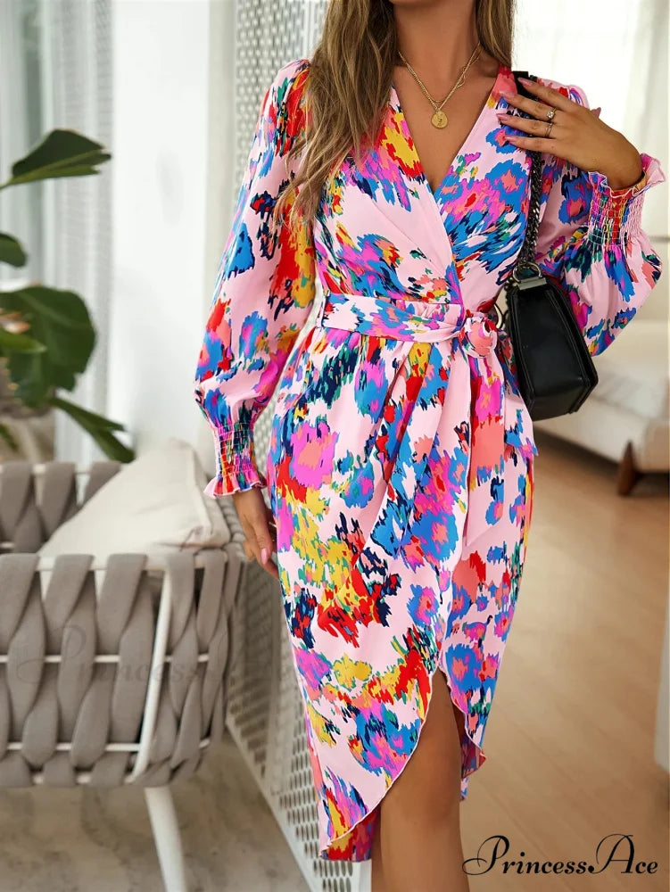 Stylish Plunging Neckline Long Bohemian Printed Dress