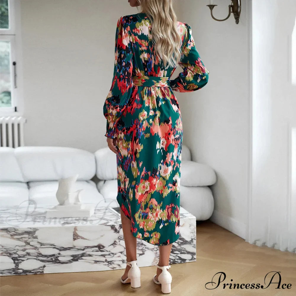Stylish Plunging Neckline Long Bohemian Printed Dress