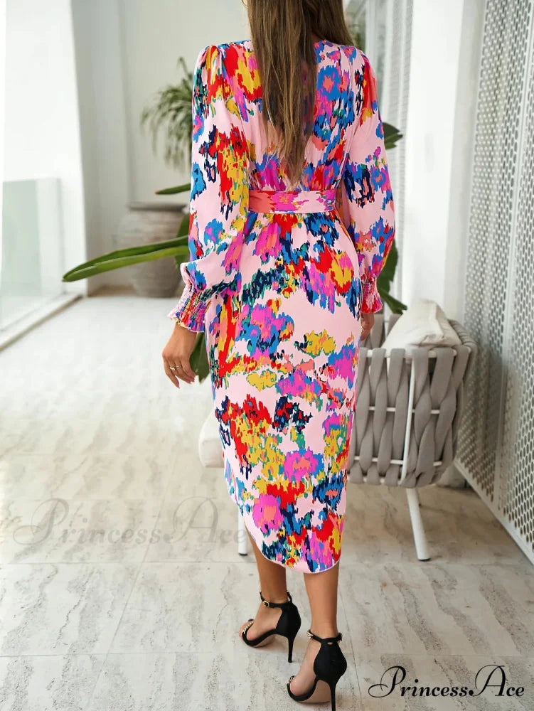 Stylish Plunging Neckline Long Bohemian Printed Dress