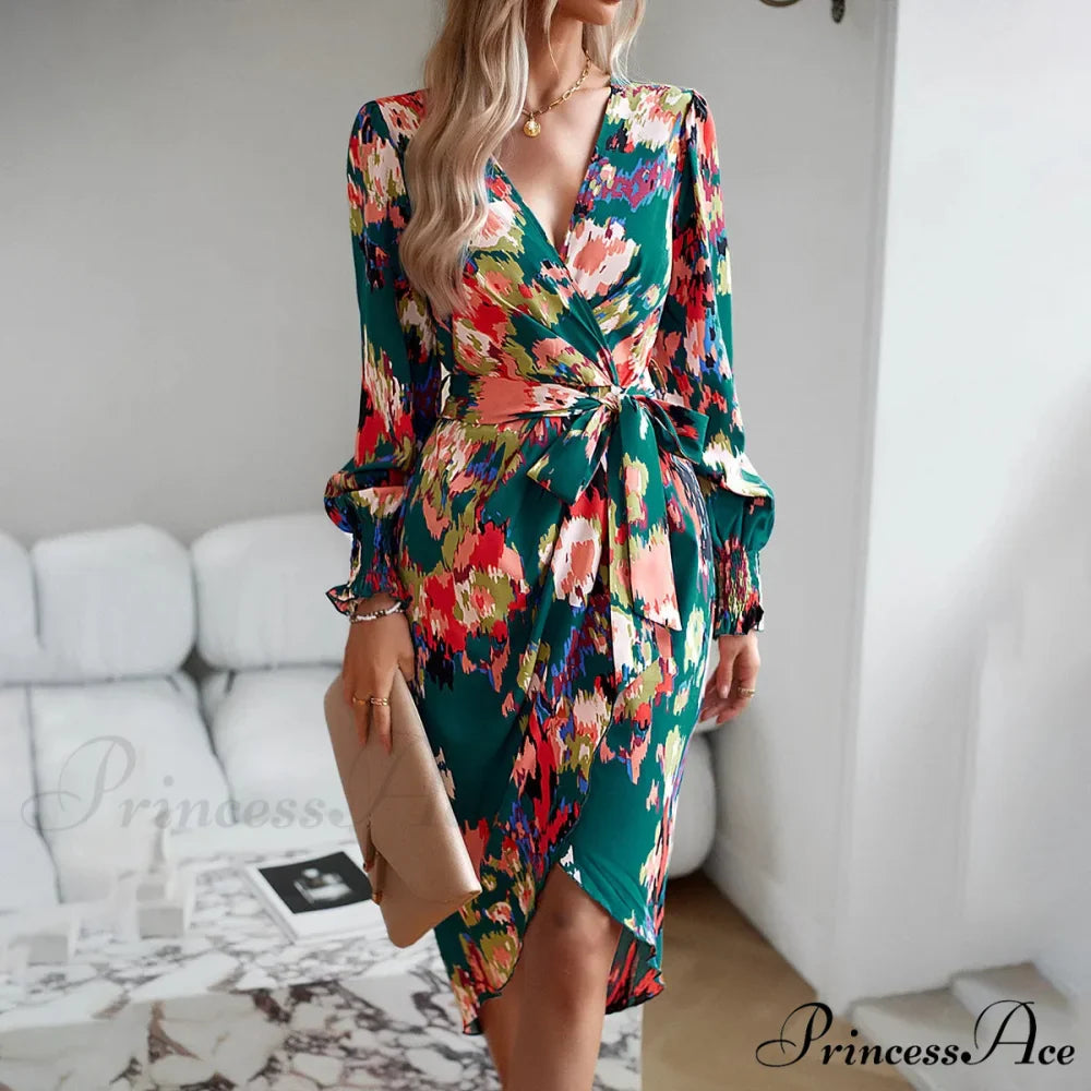 Stylish Plunging Neckline Long Bohemian Printed Dress