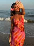 Stylish Plunging Neckline Seaside Frills Open-Backed Flower Dress
