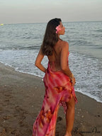 Stylish Plunging Neckline Seaside Frills Open-Backed Flower Dress