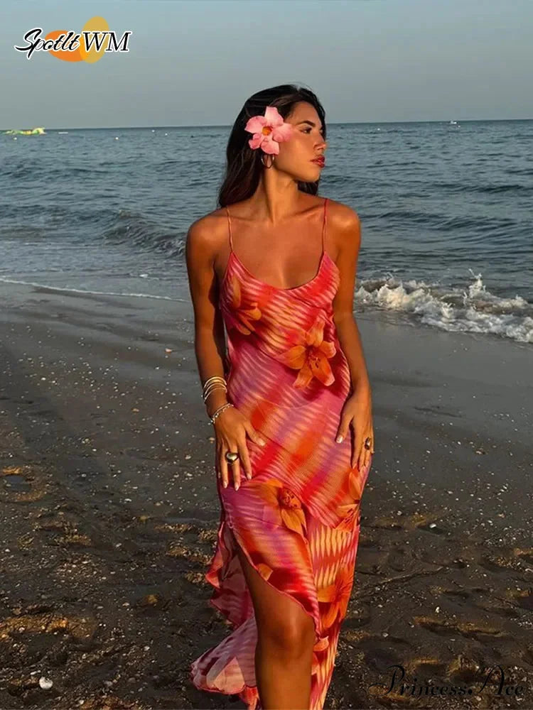 Stylish Plunging Neckline Seaside Frills Open-Backed Flower Dress