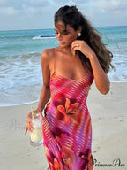 Stylish Plunging Neckline Seaside Frills Open-Backed Flower Dress