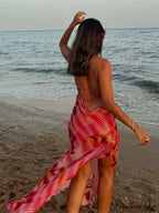 Stylish Plunging Neckline Seaside Frills Open-Backed Flower Dress