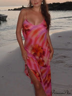 Stylish Plunging Neckline Seaside Frills Open-Backed Flower Dress