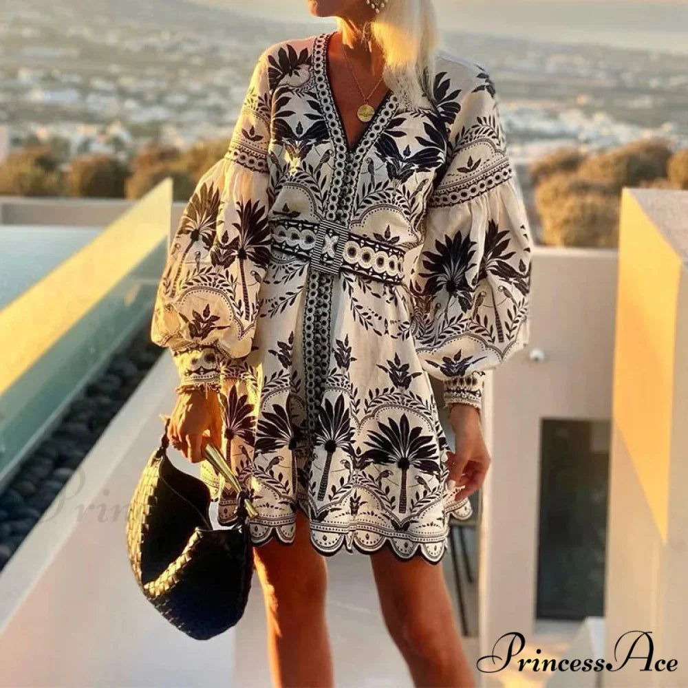 Stylish Print V-neck A-line Boho Dress